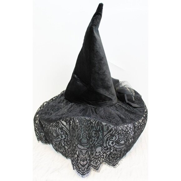 Halloween Tall Witch Hat Black Felt Rose Floral Lace Veil Costume Cosplay - Picture 6 of 9